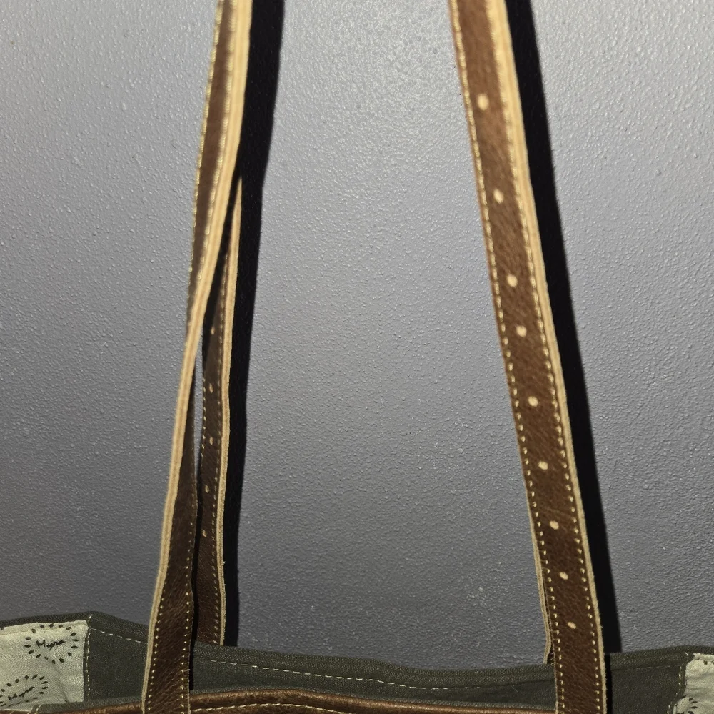 MYRA Bicycle Print Canvas/ Leather Tote Bag S-0935 18" X 13"  12"handles - Picture 14 of 15